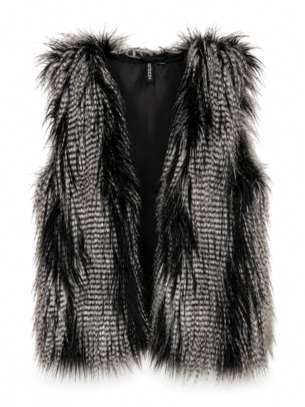 H&M Faux Fur Vest Gray Black Open Front Shaggy Long Hair Cozy Women's M